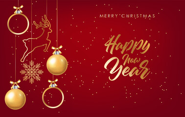 Fototapeta na wymiar Happy New Year, Merry Christmas, hello winter, realistic Christmas ball, shop now, sale banner, gold ball isolated vector illustration