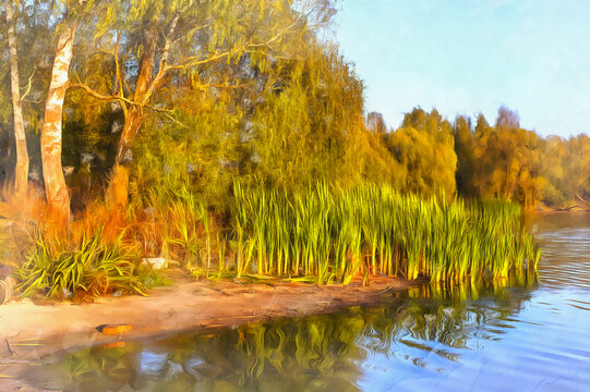 Village pond in the autumn colorful painting