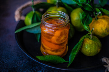 Tangerine jam and fresh fruits