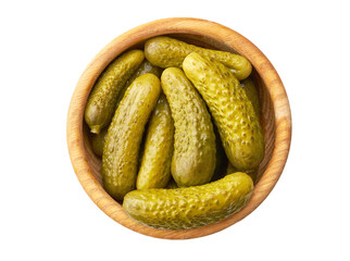 pickled cucumbers in a wooden bowl isolated on a white background, top view.