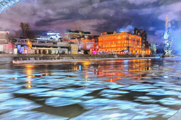 Moskva river embankment at night colorful painting