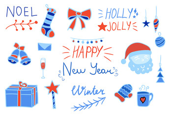 Colorful vector hand drawn doodle cartoon set of winter season objects and symbols. Simple and cute. Happy New Year, Noel, Winter, Holly Jolly