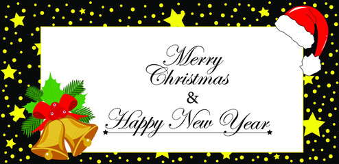 
Tarjeta de felicitación para navidad y año nuevo, fondo negro con estrellas y puntos amarillos, texto feliz navidad y feliz año nuevo en un marco blanco con campanas en la esquina inferior izquierda