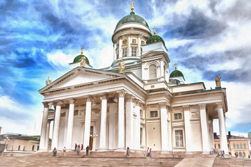Fototapeta na wymiar Helsinki Cathedral architecture colorful painting, 1852, Helsinki Finland.