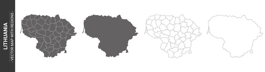 set of 4 political maps of Lithuania with regions isolated on white background - obrazy, fototapety, plakaty