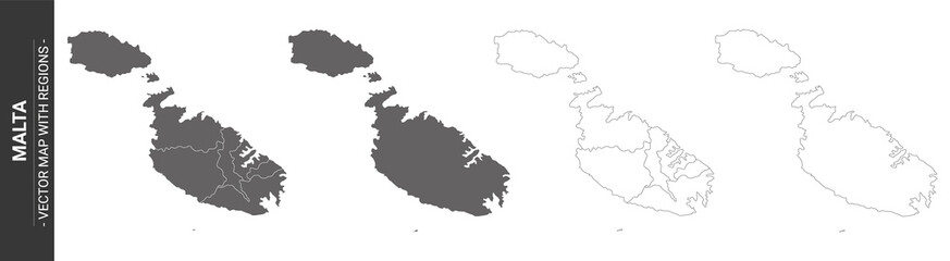 set of 4 political maps of Malta with regions isolated on white background