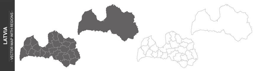 set of 4 political maps of Latvia with regions isolated on white background