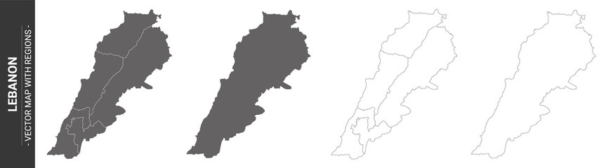 set of 4 political maps of Lebanon with regions isolated on white background