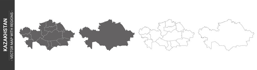 set of 4 political maps of Kazakhstan with regions isolated on white background