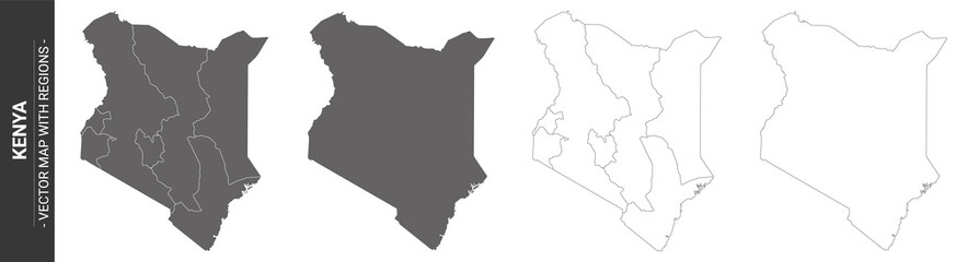 set of 4 political maps of Kenya with regions isolated on white background