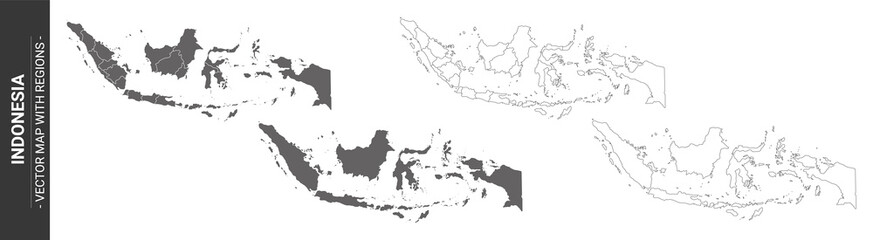 set of 4 political maps of Indonesia with regions isolated on white background