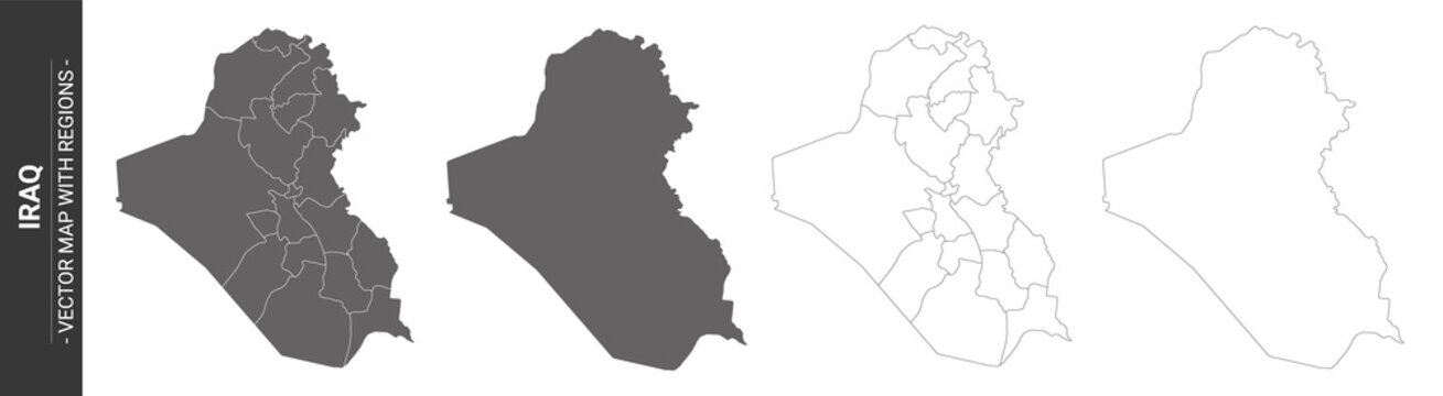 set of 4 political maps of Iraq with regions isolated on white background