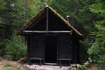 Front view of an ancient wooden forest hut with a red tiled roof and a chimney surrounded by dense, mystical forest.