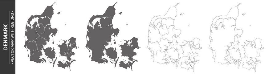 set of 4 political maps of Denmark with regions isolated on white background