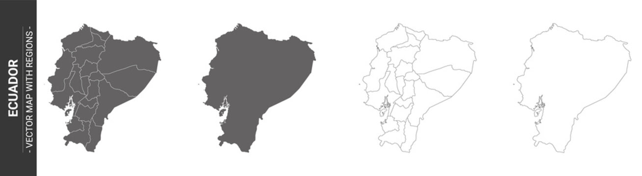 set of 4 political maps of Ecuador with regions isolated on white background