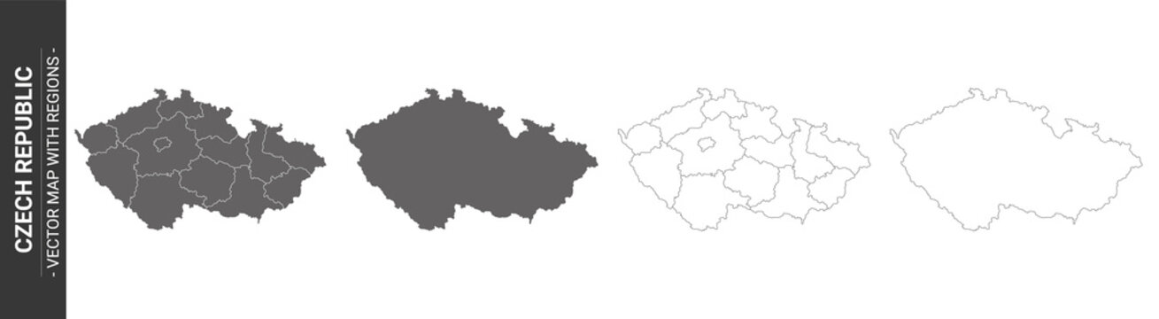 set of 4 political maps of Czech Republic with regions isolated on white background