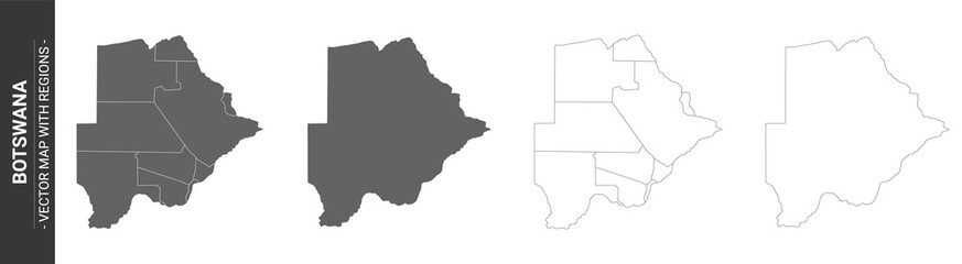 set of 4 political maps of Botswana with regions isolated on white background