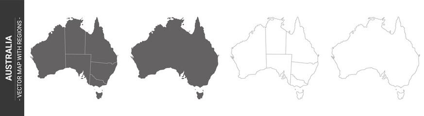 set of 4 political maps of Australia with regions isolated on white background - obrazy, fototapety, plakaty