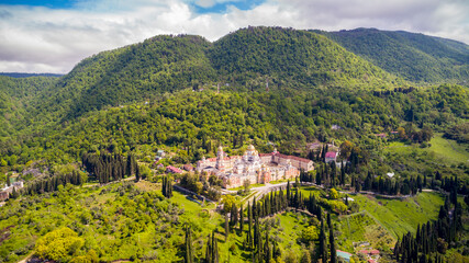 New Athos monastery at summer season aerial view.