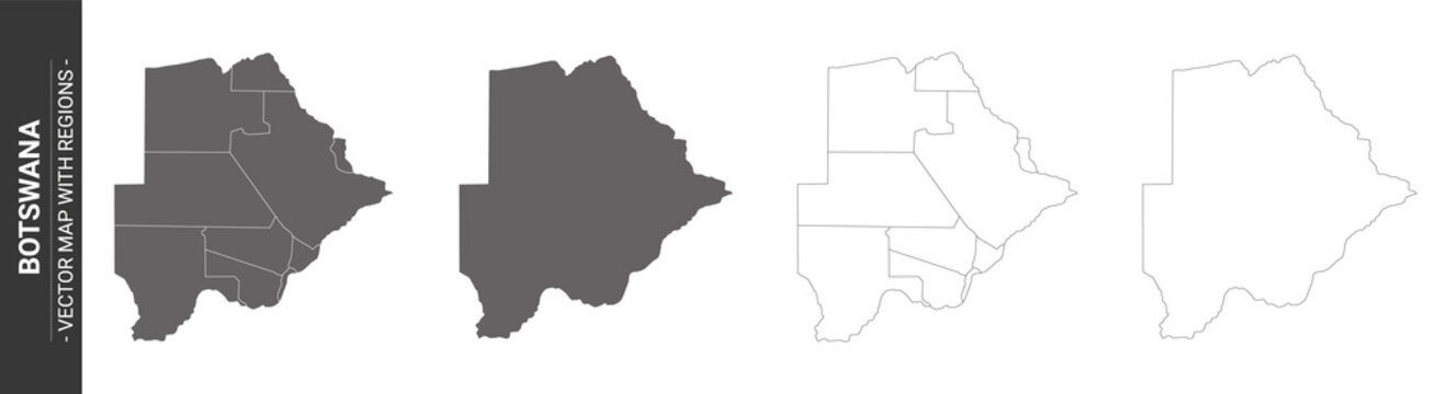 set of 4 political maps of Botswana with regions isolated on white background