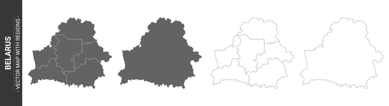 set of 4 political maps of Belarus with regions isolated on white background