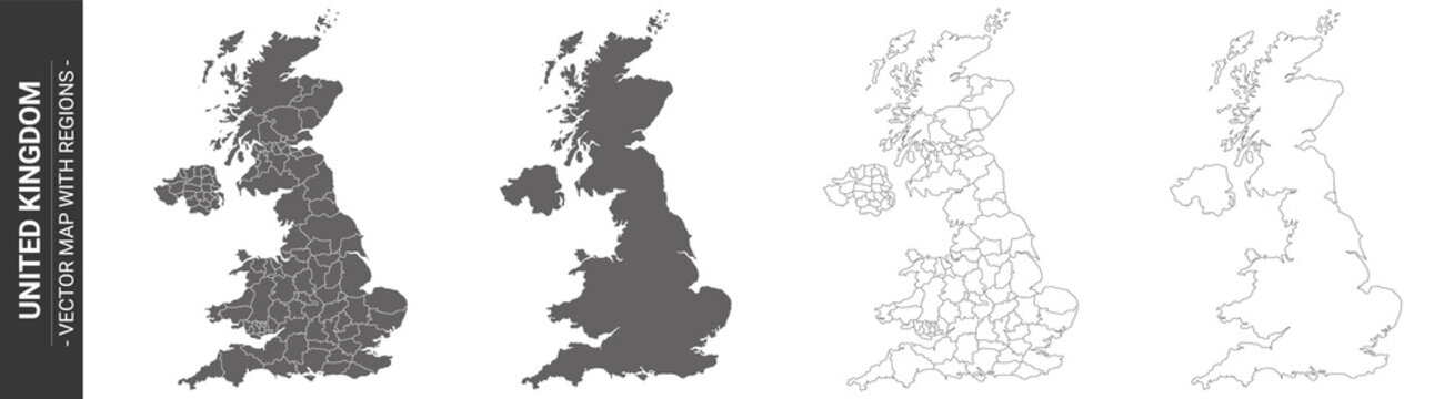 set of 4 political maps of United Kingdom with regions isolated on white background