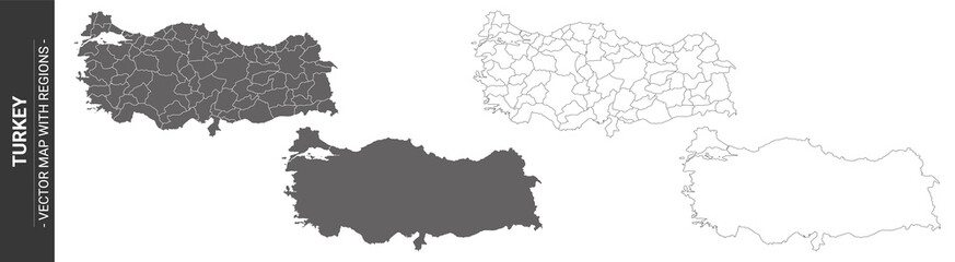 set of 4 political maps of Turkey with regions isolated on white background