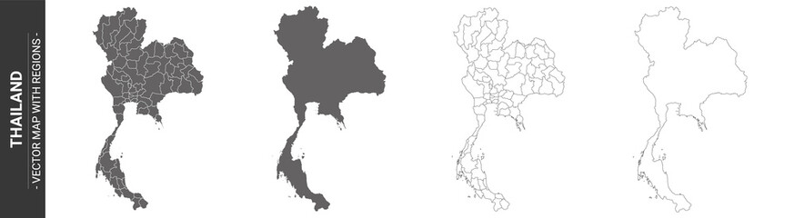 set of 4 political maps of Thailand with regions isolated on white background - obrazy, fototapety, plakaty