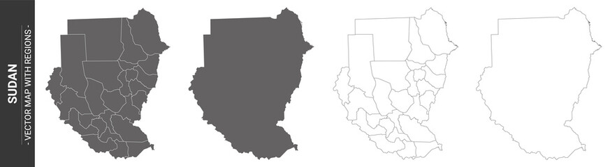 set of 4 political maps of Sudan with regions isolated on white background