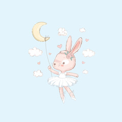 Sweet dancing ballerina bunny illustration. Dancilg little rabbit wearing blue tutu ans wreath. Can be used for t-shirt print, kids wear fashion design, baby shower invitation card