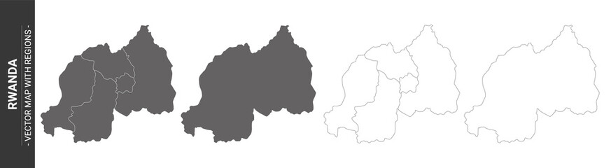 set of 4 political maps of Rwanda with regions isolated on white background - obrazy, fototapety, plakaty