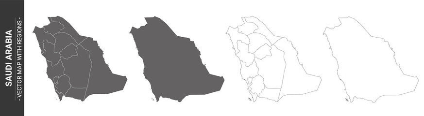 set of 4 political maps of Saudi Arabia with regions isolated on white background