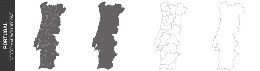 set of 4 political maps of Portugal with regions isolated on white background