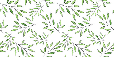 Seamless pattern with leaves on a branch. Watercolor illustration. Botanical decor for textiles, fabrics, packaging,postcards, and more.
