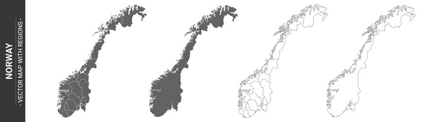 set of 4 political maps of Norway with regions isolated on white background - obrazy, fototapety, plakaty