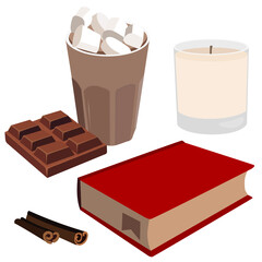 Illustration of a set in a flat style from cocoa or coffee with marshmallows, book, cinnamon sticks, scented candle, chocolate bar. Can be used in web design, menus, printing, icons, print on clothes