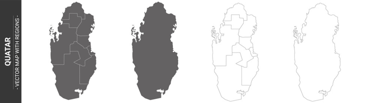 set of 4 political maps of Quatar with regions isolated on white background