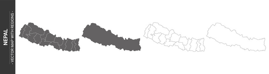set of 4 political maps of Nepal with regions isolated on white background	