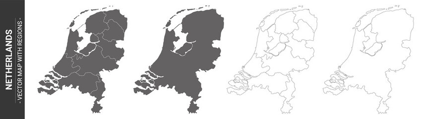 set of 4 political maps of Netherlands with regions isolated on white background	