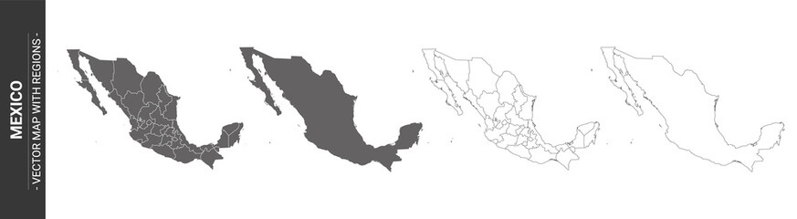 set of 4 political maps of Mexico with regions isolated on white background	