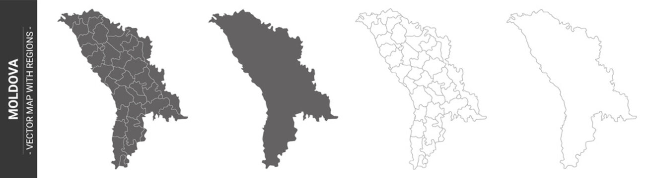 set of 4 political maps of Moldova with regions isolated on white background	