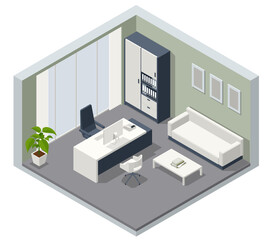 Isometric VIP office furniture. CEO office interior with a wooden table, a computer. Interior of stylish conference room