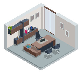 Isometric VIP office furniture. CEO office interior with a wooden table, a computer. Interior of stylish conference room