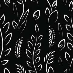 Seamless contrasting pattern. White stems and leaves of plants on a black background. Endless vector illustration.