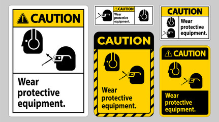 Fototapeta na wymiar Caution Sign Wear Protective Equipment with goggles and glasses graphics