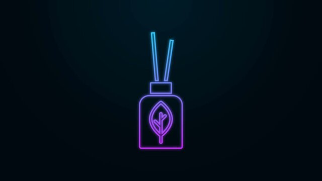Glowing neon line Aroma diffuser icon isolated on black background. Glass jar different with wooden aroma sticks. 4K Video motion graphic animation