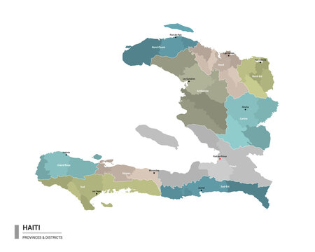 Haiti higt detailed map with subdivisions. Administrative map of Haiti with districts and cities name, colored by states and administrative districts. Vector illustration.