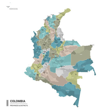Colombia higt detailed map with subdivisions. Administrative map of Colombia with districts and cities name, colored by states and administrative districts. Vector illustration.