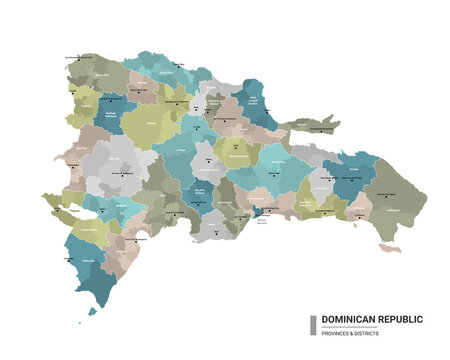 Dominican Republic higt detailed map with subdivisions. Administrative map of Dominican Republic with districts and cities name, colored by states and administrative districts. Vector illustration.