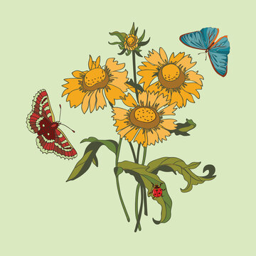 Botanical illustration of yellow flowers and butterflies